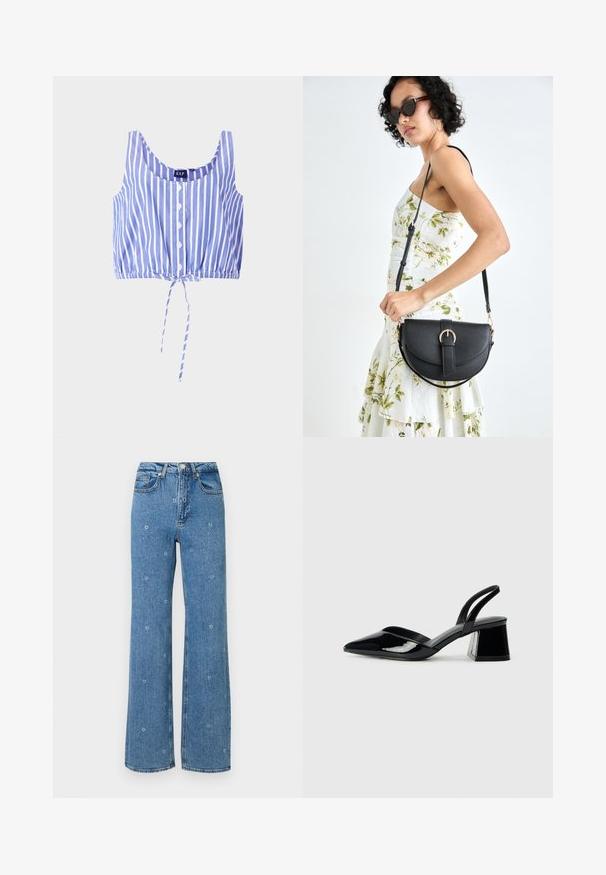 Modrá a biela pruhovaná crop top s okrúhlym výstrihom, gombíkovým zapínaním, elastickým lemom a viazaným detailom na spodnej časti. Vyrobené z ľahkej látky.; Modré vysoké pásové rovné džínsy s malou bielou kvetinovou výšivkou roztrúsenou po látke.; Čierne lakované kožené sandálové podpätky s špicatou špičkou a geometrickým blokovým podpätkom. Disponujú elegantným, minimalistickým dizajnom a hladkým povrchom.; Čierna kožená kabelka s zaobleným tvarom, odnímateľným popruhom a zlatými doplnkami. Kabelka má klopu s detailom s prackou.