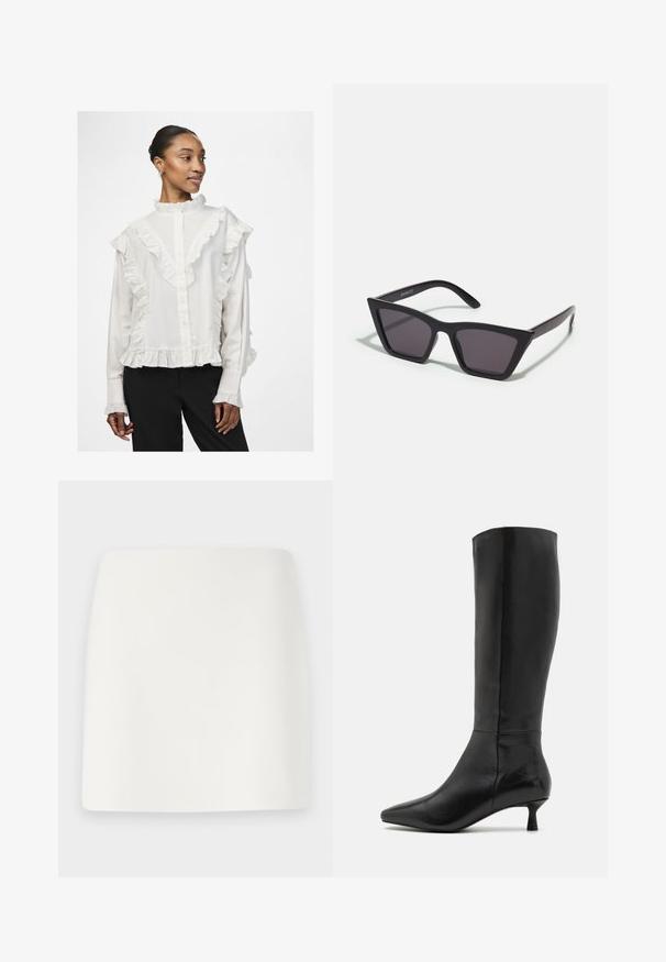 Balta pogu krekla ar volānēm ap pleciem un apakšu, augsts apkakle un garas piedurknes, izgatavota no viegla auduma.; Balta, pieguļoša mini svārku ar gludu tekstūru un tīrām līnijām. Nav redzamu rakstu vai metalizācijas. Taisna apakšmala.; Zign Zābaki - black; Melni, stūrveida saulesbrilles ar pelēkiem objektīviem; izgatavotas no plastmasas, ar biezām kājām, kam ir gluda virsma un nav redzamu stiprinājumu.; Melnas zamšādas gēlu somiņa ar rāvējslēdzēju un noņemamu plaukstas siksniņu. Ar zelta tonis aparatūru un gludu, matētu tekstūru.