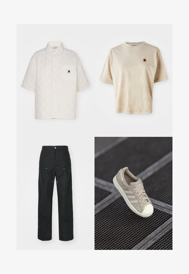 Carhartt WIP LAURENS SHIRT - Cămașă - white; Tricou din bumbac bej, cu o croială lejeră, guler rotund, mâneci scurte și un mic patch cu un logo pătrat pe partea stângă a pieptului.; Pantaloni negri cu un design drept, realizați dintr-un material texturat. Prezintă accesorii decorative din argint și detalii unice în cusături.; Adidas Superstar de culoare bej, cu suprafață din piele texturată, trei dungi laterale, vârf rotund și logo pe limbă și călcâi.
