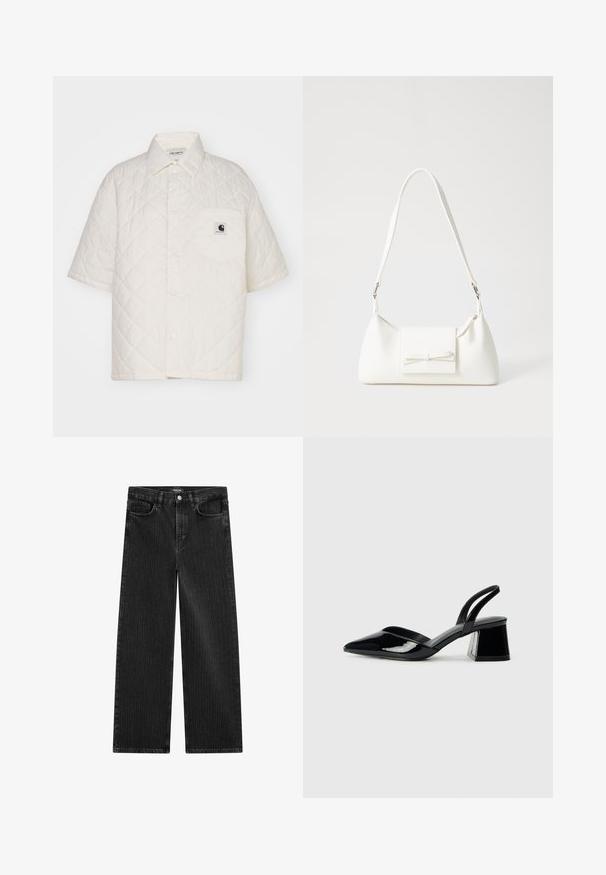 Carhartt WIP - Bluzka; Szerokie czarne dżinsy z subtelnym wzorem w pionowe paski, z pięcioma kieszeniami oraz klasycznym zapięciem na guzik w talii.; Czarne lakierowane półbuty na obcasie z wydłużonym noskiem i geometrycznym słupkiem. Charakteryzują się eleganckim, minimalistycznym designem oraz gładką fakturą.; Biała syntetyczna torba o trójkątnym kształcie, płaskim przednim klapce i detalach w postaci kokardy, regulowanym pasku, gładkiej fakturze oraz minimalistycznym designie.