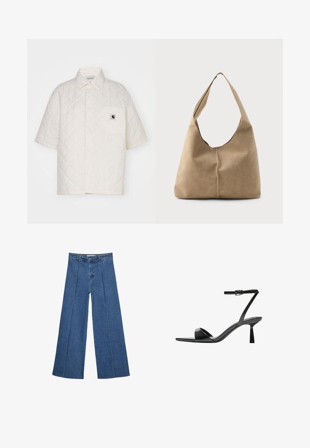 Carhartt WIP LAURENS SHIRT - Bluza z gumbi - white; Jeans širokih nogavic v srednji modri barvi, z visokim pasom, gumbom in kontrastnimi navpičnimi šivi spredaj.; Bershka Sandali z visoko peto - black; Hobo torba iz mehkega bež nubuka z ohlapno obliko, širokim ramenskim trakom in ročno šivanim šivom po sprednji strani.