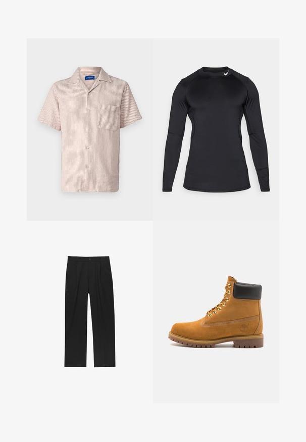 Jack & Jones JORATLAS RESORT brązowy; Czarna, długosleeve'owa koszulka sportowa wykonana z gładkiego, elastycznego materiału, z okrągłym dekoltem i dyskretnym logo na górnej lewej stronie.; Czarne spodnie o prostym kroju, wykonane z gładkiego materiału. Posiadają zakładki z przodu i pojedyncze zapięcie na guziki w pasie.; Beżowe zamszowe botki sięgające kostki z czarną wyściełaną krawędzią, złotymi oczkami, białymi detalami szycia oraz wytrzymałą gumową podeszwą z wyraźnym bieżnikiem.