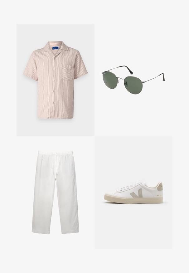 Jack & Jones JORATLAS RESORT brązowy; Biała bawełniana koszulka z krótkim rękawem, okrągłym dekoltem i luźnym krojem. Gładka struktura bez widocznych wzorów czy akcentów.; Białe lniane spodnie z elastycznym pasem i sznurkiem, szerokimi nogawkami i czystymi szwami. Gładka tekstura z luźnym krojem.; Białe skórzane sneakersy z beżowymi akcentami, płaską gumową podeszwą, okrągłym czubkiem i kontrastowym logo z boku i z tyłu. Zawiązywany fason.; Okulary przeciwsłoneczne z metalową ramą i owalnymi zielonymi soczewkami. Cienka srebrna metalowa rama i czarne końcówki zauszników. Minimalistyczny design, bez widocznych logo.