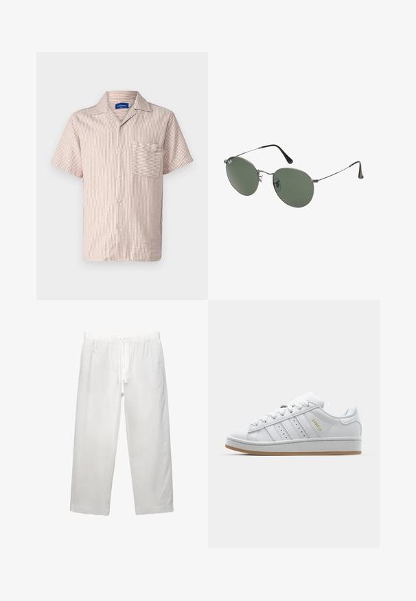 Jack & Jones JORATLAS RESORT - Hemd - brown; Weißes Baumwoll-T-Shirt mit kurzen Ärmeln, Rundhalsausschnitt und lässigem Schnitt. Glatte Textur ohne sichtbare Muster oder Akzente.; Weiße Leinenhose mit elastischem Bund und Kordelzug, weitem Bein-Design und sauberen Nähten. Glatte Textur mit lässiger Passform.; Weiße Sneaker mit durchbrochenem Drei-Streifen-Design, strukturierten Akzenten, einer Gummisohle und dem goldenen "CAMPUS"-Logo an der Seite.; Metallgestellte Sonnenbrille mit ovalen grünen Gläsern. Dünner silberner Metallrahmen und schwarze Ohrstücke. Minimalistisches Design, keine sichtbaren Logos.