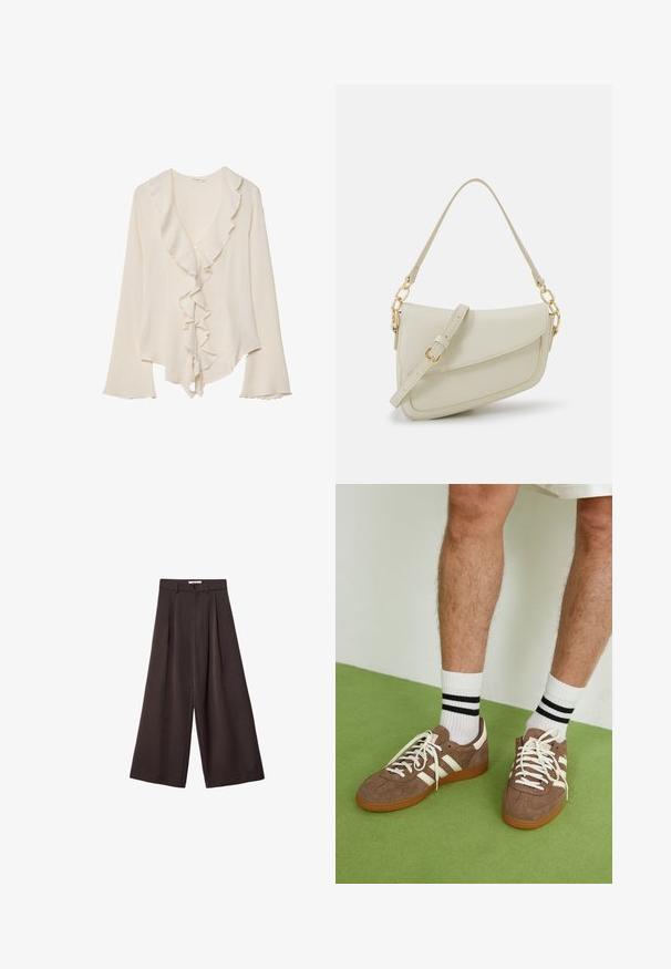 Kremasta bluzica dolgimi rokavi z globokim V-izrezom, volančastim robom ob izrezu in sprednji strani, enojnim gumbom za zapiranje in rahlo razširjenimi manšetami.; Črne široke hlače z visokim pasom, ki vsebujejo sprednje nabore in z gumbom za zapiranje na pasu, izdelane iz gladkega materiala.; Rjavi semiš športni čevlji z belimi detajli in vezalkami. Gumijast podplat. Nošeni z belimi nogavicami z črnimi črtami. Zelena teksturirana talna obloga.; Mala kremna torbica z teksturiranim zaključkom, dolgim nastavljivim trakom, verižnim poudarkom in zapiranjem na poklop. Detajli iz zlatega kovinskega materiala.
