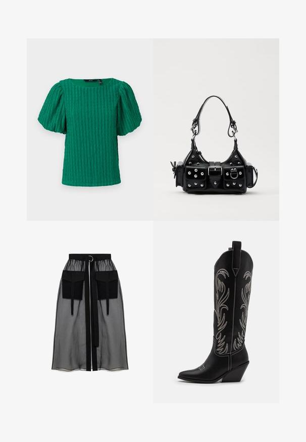 Zielona, teksturowana bluzka z krótkim rękawem, z kwadratowym dekoltem i bufkami. Posiada pionowe detale prążkowane na całej powierzchni materiału.; Czarna przezroczysta spódnica z marszczeniem w pasie, posiadająca dwie dużej wielkości kieszenie z przodu, pasek w talii oraz okrągły metalowy akcent.; Czarne skórzane kowbojskie buty z wydłużonymi noskami, obcasem typu koturn oraz srebrnymi haftowanymi wzorami kwiatowymi wzdłuż cholewy. Kontrastowe szwy na całej długości.; Czarna skórzana torebka w zakrzywionym kształcie, z srebrnymi ćwiekami, klamrą i dwoma bocznymi kieszeniami. Regulowany pasek umożliwiający różne opcje noszenia.