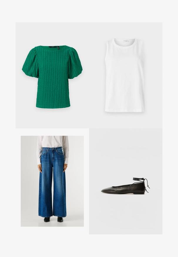 Zelený krátký rukáv s texturou, čtvercovým výstřihem a nabíranými rukávy. V celé látce jsou vertikální žebrové detaily.; Bílý bezrukávový top vyrobený z měkké bavlny. Obsahuje kulatý výstřih a rovný střih. Jednoduchý design bez viditelných vzorů nebo akcentů.; Modré široké džíny s vysokým pasem, vyrobené z denimu, s předními kapsami a uzávěrem na knoflík. Hladká textura s klasickým praním.; Černé kožené baletky s špičatou špičkou, vázáním na kotníku a plochou podrážkou, s hladkým povrchem a minimalistickým designem.