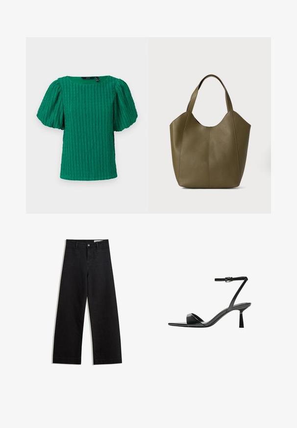 Vihreä teksturoitu lyhythihainen paita, jossa on neliönmuotoinen kaula-aukko ja puffihihat. Kangasta koristavat pystysuorat röyhelöt.; Mustat leveät farkut korkealla vyötäröllä, joissa on etu- ja takataskut, ommellut saumat ja nappisuljenta. Silkinoinen rakenne.; Bershka Korolliset sandaalit - black; Oliivivärinen nahkakassi, jossa on kaksoisremmit, sileä pinta ja neljän paneelin muotoilu. Vahvistettu ompelu saumoissa kestävyyden takaamiseksi.