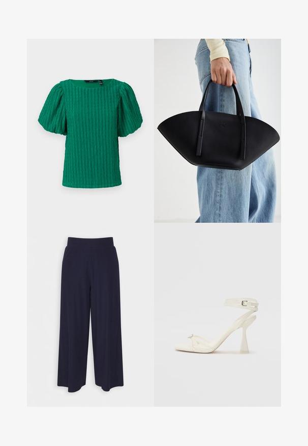 Grøn, tekstureret kortærmet top med firkantet udskæring og pufærmer. Har vertikale ribbede detaljer i hele stoffet.; Bredde bukser i mørkeblå stof med en ribbet tekstur. Har en glat talje og en let silhuet, der når til midten af læggen.; Sandal med høj hæl i hvid læder med et elegant design, en transparent blokhæl og et dekorativt element ved tåen.; Sort læderhåndtaske med en unik vifteform, der har flade håndtag. Overfladen har en pebblelignende tekstur og et minimalistisk design.