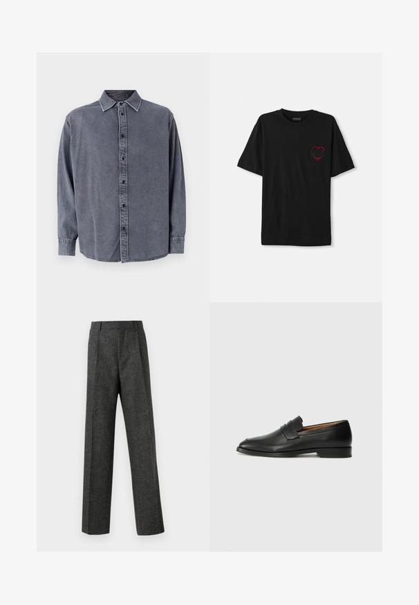 Pelēks džinsa krekls ar garām piedurknēm, pogu aizdari, apkakles dekoltē un nedaudz izliekts apakšmalu. Tam ir mīksta tekstūra un diskrēta izbalēšana.; Melnā kokvilnas T-kreklā ar īsām piedurknēm, kas rotāta ar sarkanu izšūtu sirdi kreisajā krūtī. Klasiska apaļa kakla izgriezuma forma, brīva piegriezne.; Pelēki piegriezti bikses, izgatavotas no tekstūras auduma, ar diviem priekšējiem krokām un taisnu kāju dizainu. Nav redzamu kabatu vai rotājumu.; Melnas ādas loafers ar noapaļotu purngala formu, smalku izšuvumu un zemu papēdi, piedāvājot gludu tekstūru un minimālistisku dizainu.