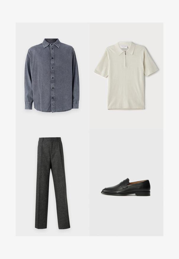 Hallikas teksashirt pikade varrukatega, nööpkinnitusega, kraega ja kergelt kaardus hemiga. Omab pehmet tekstuuri ja kerget pleekimist.; Lühikeste varrukatega polo särk heles beeži värviga, millel on tõmblukk kaeluses. Valmistatud siledast kangast, minimalistlik ja kaasaegne disain ilma mustriteta.; Hallidehased hallid püksid tekstureeritud kangast, millel on kaks eesmist voldi ja sirge sääre disain. Pole nähtavaid taskuid ega kaunistusi.; Must musta loafers ümarate varvastega, peene tikandiga ja madala kontsaga, millel on sile tekstuur ja minimalistlik disain.