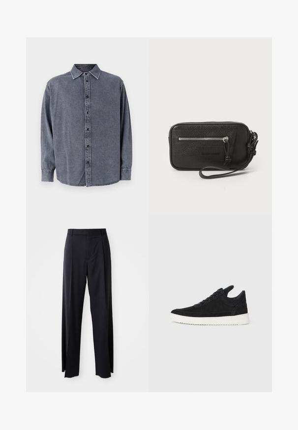 Pilkos džinsinės marškiniai su ilgomis rankovėmis, sagčių uždarymu, apykakle ir šiek tiek išlenktu hemu. Pasižymi minkšta tekstūra ir subtiliu blukimu.; Juodi, aukštai užtraukiami kelnių modeliai su plačiomis kojomis, pagaminti iš lygaus audinio. Yra priekiniai raukšlės ir diržo kilpos. Minimalistinio dizaino, be matomų detalių.; Juodų suede sportbačių su balta gumine padu, su toniniais siuvinėjimais ir raištelių užsegimu. Sklandus paviršius su šiuolaikine, laiko forma.; Juodas odinis delninukas su tekstūruotu paviršiumi, priekinė užtrauktuko kišenė ir nuimama riešo juosta. Priekyje yra logotipo etiketas. Stačiakampio formos.