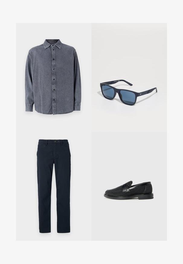 Grau Denim-Hemd mit langen Ärmeln, Knopfverschluss, kragenlosen Ausschnitt und einem leicht geschwungenen Saum. Verfügt über eine weiche Textur und subtile Ausbleichungen.; Dunkelblaue Baumwoll-Chinos mit geradem Bein, ausgestattet mit einem Knopfverschluss, Gürtelschlaufen und Seitentaschen. Minimale Textur, keine Muster.; Schwarzer geflochtener Slipper mit einem glatten Lederakzent im Obermaterial, einem runden Zehendesign und einer flachen Gummisohle.; Blaue rechteckige Sonnenbrille mit dunklen Gläsern, mattem navy-blauen Rahmen, Logodetail an den Bügeln, geraden Bügeln und einer soliden, glatten Textur.