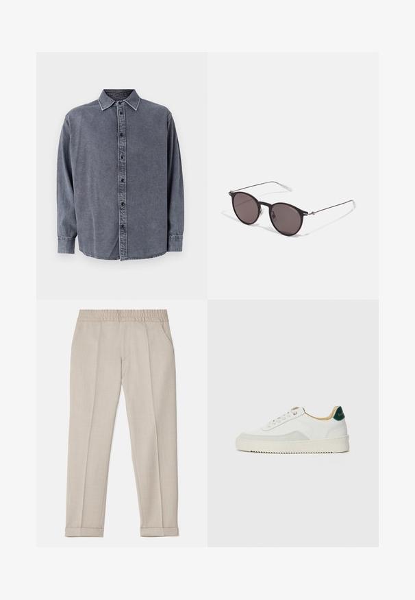 Szara koszula dżinsowa z długimi rękawami, zapięcie na guziki, kołnierzykiem i lekko zaokrąglonym dołem. Posiada miękką fakturę i subtelne przetarcia.; Filippa K TERRY szary; Białe trampki z zamszowymi akcentami, zaokrąglony czubek, płaskie sznurowadła i kremowa gumowa podeszwa. Posiadają zielone logo na pięcie.; Czarne okrągłe okulary przeciwsłoneczne z ciemnymi soczewkami i smukłymi metalowymi ramkami. Zawierają przezroczyste końcówki zauszników oraz srebrne akcenty przy zawiasie. Minimalistyczny design.