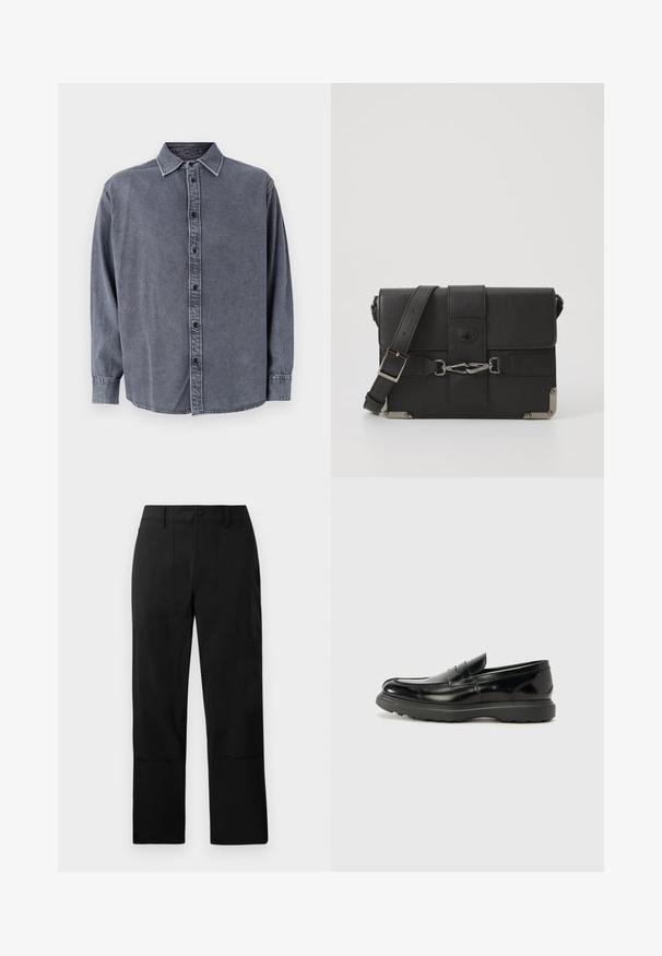 Grau Denim-Hemd mit langen Ärmeln, Knopfverschluss, kragenlosen Ausschnitt und einem leicht geschwungenen Saum. Verfügt über eine weiche Textur und subtile Ausbleichungen.; Schwarze Hose aus einem glatten Stoff, mit flachem Frontdesign, zwei Eingrifftaschen und geradem Bein, versehen mit dezenten Nähten.; Schwarze Lederloafer mit glanzendem Finish, abgerundetem Zehenbereich, subtilen Steppnähten und einer dicken Gummisohle für Langlebigkeit.; Schwarze Leder-Umhängetasche mit strukturiertem Finish, metallischen Hardware-Details, verstellbarem Riemen und einem Deckelverschluss mit Schnallenakzenten.