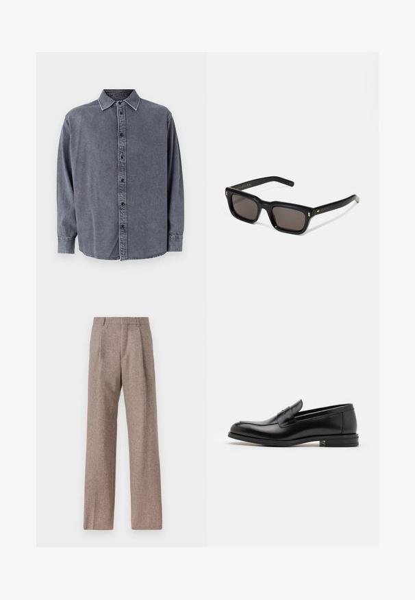 Grijze denim shirt met lange mouwen, knoopsluiting, kraag en een licht gebogen zoom. Heeft een zachte textuur en een subtiele vervaging.; Bruine, hooggewaisted broeken van een gestructureerde stof. Heeft wijde benen en twee voorplooien voor extra structuur. Net afgewerkt zonder zichtbare hardware.; Zwarte leren instappers met een gladde textuur, ronde neus en een decoratieve band over de wreef. Lage, gestapelde hak en minimalistisch ontwerp.; Zwarte rechthoekige zonnebril met donkere lenzen, een dik plastic montuur, gouden accenten op de veren en het merkembleem gegraveerd op de arm.; Zwarte leren schoudertas met een klep, zilverkleurige hardware en twee ronde accenten. Voorzien van een afneembare schouderriem. Soepele textuur.