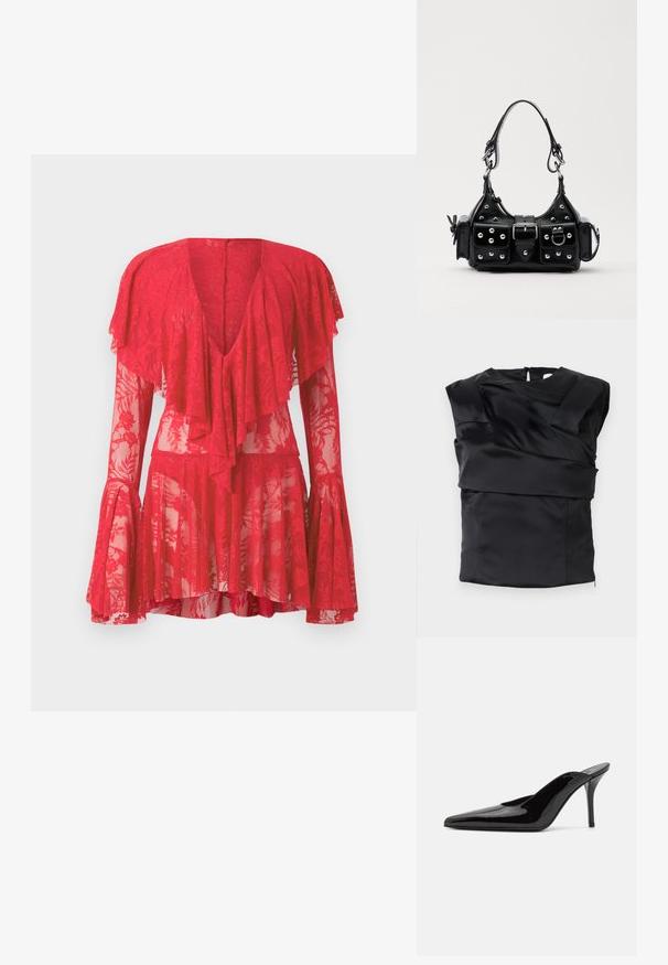 Černý saténový top s strukturovaným designem, širokými rameny a asymetrickým předním panelem, zapínaný na zip na zádech.; Červené krajkové šaty s dlouhými rozšířenými rukávy, hlubokým véčkovým výstřihem, vrstvenými volánky a květinovými vzory. Průhledná textura zvyšuje jejich design.; Černé lakované kožené muly na vysokém podpatku s špičatou špičkou a elegantním siluetou, s otevřenou zadní částí a štíhlým stiletto podpatkem.; Černá kožená kabelka s křivkovým designem, zdobená stříbrnými hřebíky, s přezkou a dvěma bočními kapsami. Nastavitelný popruh pro různé možnosti nošení.