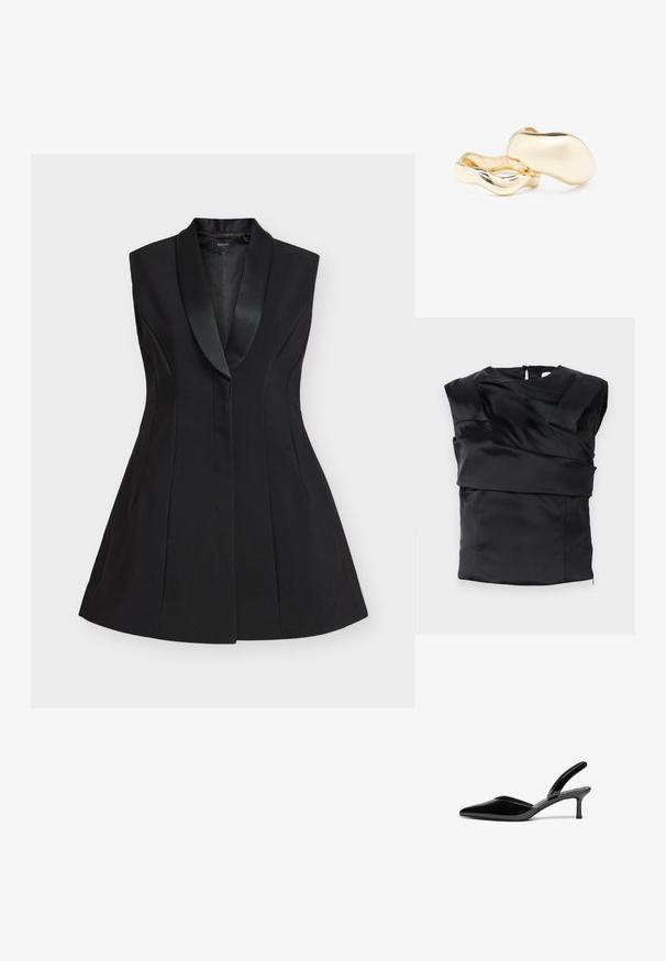 Musta satiinitoppi, jossa on rakenteellinen muotoilu leveillä hartioilla ja epäsymmetriseellä etupaneelilla, joka on suljettu vetoketjulla takana.; Musta hihaton liivi satiinista shawl-kauluksella, istutettu leikkaus, levenevä helma ja jämäkät saumaukset huolitellun ilmeen takaamiseksi.; Musta patentoitu nahka slingback-korkokengät, joissa on terävä kärki, matala stiletto-korko ja tyylikäs, yksinkertainen muotoilu ilman koristeita.; Yläosa, jossa on mustavalkoisia pilkkuja ja nauhakahvat, yhdistettynä tekstuurilla varustettuun valkoiseen puffimaisiin hameeseen. Kädessä kiiltävä musta suorakulmainen clutch-laukku.; Kultaisten korvakorujen orgaaninen, pavun muotoinen muotoilu ja sileä, heijastava pinta; sisältää minimalistisen suunnittelun ilman näkyvää mekanismia.