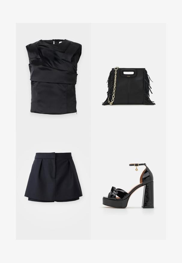 Sort satin top med en struktureret design, brede skuldre og en asymmetrisk frontpanel, lukket med en lynlås i ryggen.; Marineblå plisserede shorts med høj talje, fremstillet af glat stof. Har et tætsiddende design og en skjult forlommer.; Maje Højhælede sandaletter / Højhælede sandaler - noir; Sort læder skuldertaske med frynse-detaljer, guldkæde skulderrem og udskåret håndtag. Har logo placeret på forsiden.