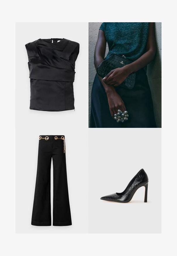 Čierny saténový top s regulovaným dizajnom, širokými ramenami a asymetrickým predným panelom, zapínaný na zips vzadu.; Čierne nohavice s širokými nohavicami vyrobené z bavlny, s zlatým kruhovým kovovým prvkom a reťazovým detailom na páse. Hladká textúra, čistý strih.; Čierna lodička s špicatou špičkou a lakovanou textúrou krokodíla, s elegantným dizajnom, vysokým stiletto podpätkom a hladkým čiernym interiérom.; Čierna clutch kabelka s krokodílovým vzorom a striebornými kovovými prvkami, držaná proti textúrovanému sivému pozadiu. Má lesklý povrch.