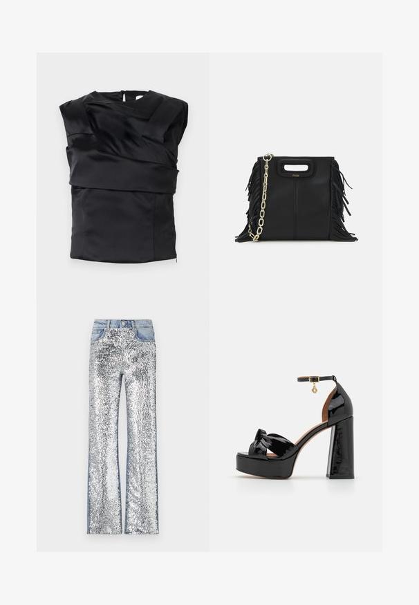 Sort satin top med en struktureret design, brede skuldre og en asymmetrisk frontpanel, lukket med en lynlås i ryggen.; Sølvglitrende jeans med en flare-design, med en denim-talje og -sider, der skaber en tekstureret, reflekterende overflade.; Maje Højhælede sandaletter / Højhælede sandaler - noir; Sort læder skuldertaske med frynse-detaljer, guldkæde skulderrem og udskåret håndtag. Har logo placeret på forsiden.