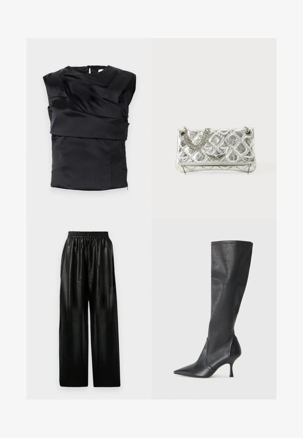 Top de cetim preto com um design estruturado, ombros largos e um painel frontal assimétrico, fechado com um zip na parte de trás.; Calças largas de couro preto com cintura elástica, apresentando dois bolsos laterais e uma textura suave e brilhante.; Botas de couro pretas até ao joelho, com bico apontado e um salto stiletto fino. Textura suave com design ajustado e costura na borda superior.; Bolsa metálica prateada com pega de corrente, textura acolchoada, costura decorativa e fecho com ziper. Apresenta detalhes em relevo na parte frontal.