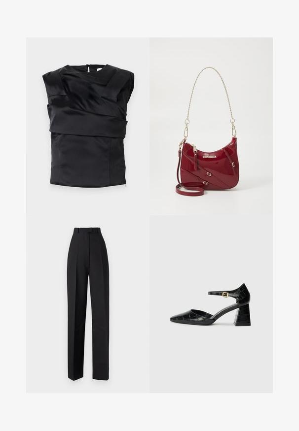 Černý saténový top s strukturovaným designem, širokými rameny a asymetrickým předním panelem, zapínaný na zip na zádech.; Černé kalhoty s vysokým pasem a záhyby, s tvarovaným designem a rovnými nohavicemi. Vyrobené z hladké tkaniny, minimální detaily.; Černá laková kožená lodička na vysokém podpatku s špičatou špičkou, kotníkovým páskem a texturovaným krokodýlím vzorem. Design čtvercového bloku podpatku.; Červená lakovaná kabelka s zakřiveným tvarem, zlatým řetízkovým popruhem a ozdobnými sponami; na přední straně je logo.