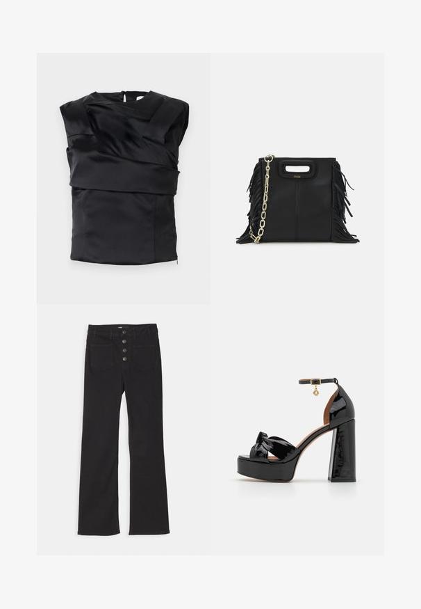 Top din satin negru, având un design structurat cu umeri lăți și un panou frontal asimetric, închis cu un fermoar la spate.; Jeans din denim negri cu talie înaltă, design cu cinci buzunare și închidere frontală cu patru butoane metalice.; Maje Sandale cu toc - noir; Geantă de mână din piele neagră cu detalii din franjuri, curea de umăr din lanț auriu și un mâner cu tăietură. Prezintă plasarea logo-ului pe față.