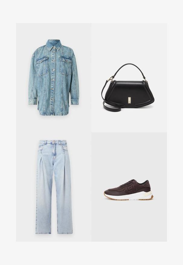 Light blue denim jacket with long sleeves, a collar, two front pockets, and button closure, featuring vertical stitching and a relaxed fit.; Light blue denim jeans with a high waist, wide-leg cut, two side pockets, and pleated design feature. Soft texture with a faded finish.; Dark brown sneaker with black lining, embossed logo on side, white thick sole, and gum-colored outsole on a plain background.; Black leather handbag with a structured design, featuring a cropped shape, top handle, and gold hardware accent. Adjustable shoulder strap included.