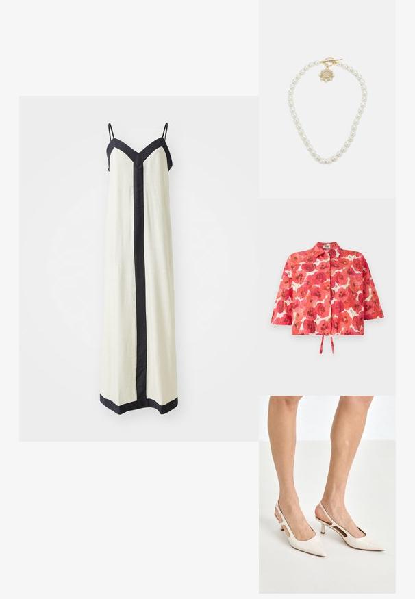 Cămașă scurtă cu mânecă, croptă, cu un model floral de maci roșii pe un fundal alb, guler și detaliu cu legare pe față.; Rochie maxi fără mâneci, de culoare crem, cu un decolteu adânc în V și margini negre pe lângă contur și față. Fabricată dintr-un material ușor.; Cizme slingback din piele vopsită bej, cu vârf ascuțit și toc de 5 cm, având laterale decupate și o curea subțire la gleznă.; Geantă albă cu flori, cu o suprafață din material adunat, bretea din lanț cu aspect auriu și închidere metalică. Prezintă petale texturate pentru un plus de detaliu.; Lauren Ralph Lauren COLLAR - Colier - gold-coloured/white