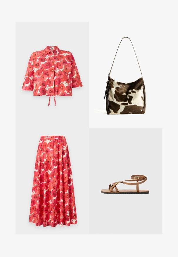 Korte mouwen cropped shirt met een rode klaproos bloempatroon, witte achtergrond, kraag en een strikdetail aan de voorkant voor sluiting.; Rok met een elastische tailleband, versierd met een bloemenpatroon van rode en roze klaprozen op een witte achtergrond. Vloeiende A-lijn vorm, van lichtgewicht stof.; Bruine leren sandaal met een dun strapdesign, voorzien van een goudkleurige gesp en een platte zwarte zool met zigzagrand.; Bruine en crèmekleurige koeienhuid schoudertas met een gladde leren band, ritssluiting en een zachte, tekstuursurface met een natuurlijk patroon.