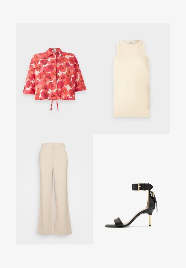 Camicetta cropped a maniche corte con un motivo floreale di papaveri rossi, sfondo bianco, colletto e dettaglio con nodo frontale per la chiusura.; Top senza maniche beige chiaro realizzato in tessuto ribbed, con scollatura rotonda e design aderente. Texture liscia con cuciture minime.; Pantaloni beige a gamba larga con una texture liscia, caratterizzati da una vita alta e due tasche frontali. Design pulito con una vestibilità sartoriale.; Sandal con tacco in pelle nera, punta quadrata, cinturino alla caviglia con fibbia dorata e tacco metallico slanciato. Texture liscia, design minimalista.