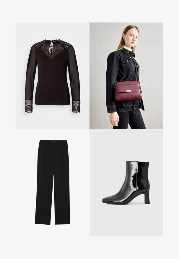 Zwarte lange mouw top met kantaccenten, met een bloemenkant yoke, doorschijnende mouwen en kantmanchetten, gedetailleerde scalloprand.; Zwarte broeken met een rechte pijpontwerp, voorzien van twee voorkanten zakken en een tailleband. Gemaakt van een gladde, lichte stof.; Zwarte gepolijste leren enkellaars met een spitse neus en een blokhak van gemiddelde hoogte. Glad textuur en minimalistisch ontwerp.; Bordeaux leren handtas met gouden sluiting, gestructureerde vorm, bovenhandvat en verstelbare schouderband. Model draagt een spijkerjack.