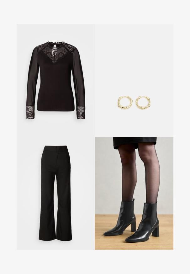 Svart langtermet topp med blonder, med blomstret blonder yoke, gjennomsiktige ermer og blonde mansjetter, med detaljerte bølgekanter.; Sorte vidde-bukser med glatt tekstur, høy midje og et rent design. Ingen synlige lommer eller pynt.; Sorte ankelstøvler i skinn med spiss tå, chunky firkantet hæl, og slank design. Har elastiske sidede paneler for enkel påføring.; Gullige hoop øreringer med en teksturert, uregelmessig form. Har en sømløs lukking og en polert overflatefinish som fremhever et moderne design.