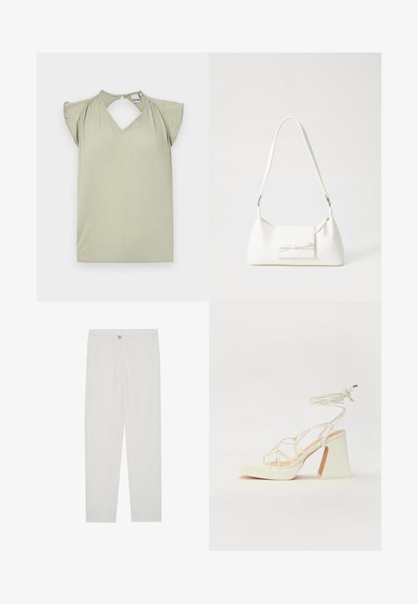 Kortermet, lys grønn topp med V-hals og nøkkelhullbakgrunn. Laget av glatt stoff; har myke volanger på skuldrene.; Hvite, skreddersydde bukser med rette ben, med knapplukking, beltehemper og sidelommer; glatt tekstur.; Hvit høyhælte sandal med kraftig hæl, med en stroppe-design og ankelbånd. Glatt tekstur med plattform foran for ekstra høyde.; Hvit syntetisk håndveske med trekantet form, flat klaff foran og sløyfe detaljer, justerbar stropp, glatt tekstur og minimalistisk design.