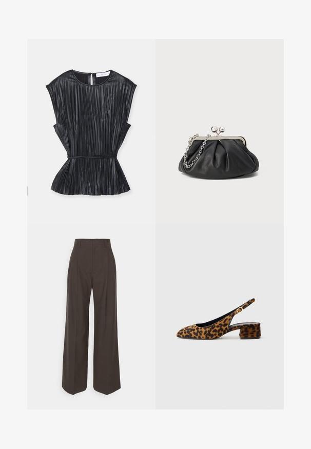 Melna plisēta augšdaļa ar apaļu kakla izgriezumu, īsām lidojošām piedurknēm, sašaurinātu vidukli un aizmugures aizdari. Izgatavota no gludas, spīdīgas auduma.; Tumši brūni platajiem galiem bikses ar augstu jostasvietu, kas pieejamas ar uzmanīgi presētām krokām, gludu tekstūru un pielāgotu piegriezumu.; Sieviešu leopardu raksta siksniņu kurpes ar zemu bloku papēdi un zelta sprādzi sānu siksniņā, attēlotas sānu profilā uz vienkārša fona.; Melnas ādas roku soma ar sakrautām tekstūrām, sudraba toņu metāla rāmis, skavas aizdare un ķēdes siksna. Gluda, maiga virsma.