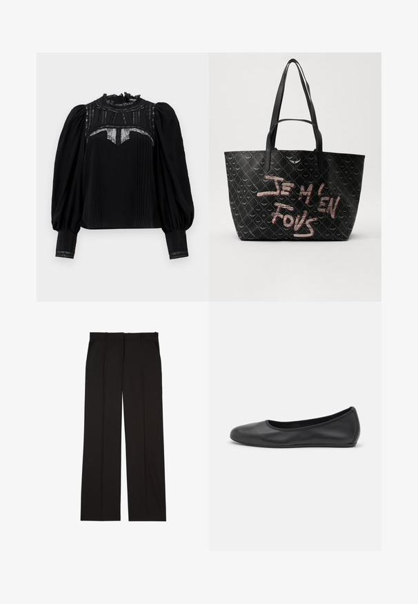 Black blouse with a high lace collar, pleated front, and puffed sleeves. Lace accents at the neckline and cuffs add detail. Smooth texture.; Black tailored trousers made of a smooth fabric, featuring a straight-leg design, and two side pockets. Elegant and minimalistic construction.; Black leather ballet flat with a rounded toe, smooth texture, minimal stitching detail, and a flexible sole design.; Black tote bag with textured material featuring a diamond pattern, shoulder straps, and bold red and white text reading “JE M'EN FOUS.”