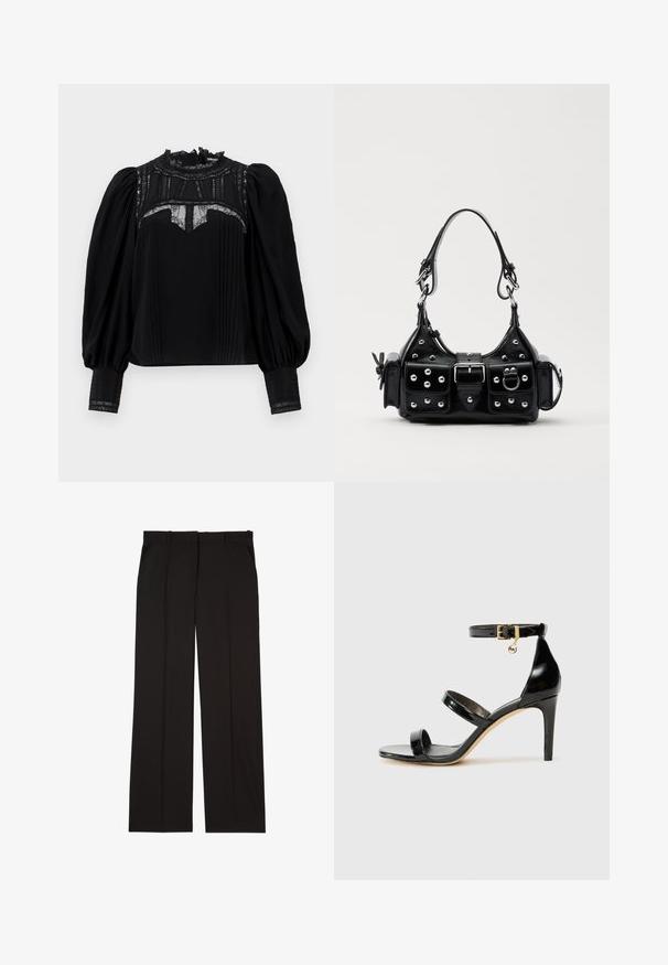 Black blouse with a high lace collar, pleated front, and puffed sleeves. Lace accents at the neckline and cuffs add detail. Smooth texture.; Black tailored trousers made of a smooth fabric, featuring a straight-leg design, and two side pockets. Elegant and minimalistic construction.; Black patent leather sandal with three straps, ankle buckle, and 4-inch stiletto heel. Features gold hardware detail and logo charm.; Black leather handbag with a curved design, featuring silver studs, a buckle, and two side pockets. Adjustable strap for carrying options.