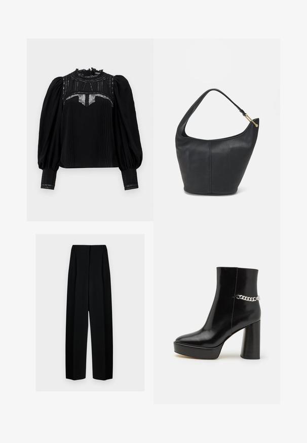 Blouse noire avec un haut col en dentelle, un devant plissé et des manches bouffantes. Des accents en dentelle au niveau de l'encolure et des poignets ajoutent du détail. Texture lisse.; Pantalons noirs à jambes larges avec une taille haute, présentant des plis et une texture lisse. Le tissu semble léger et tombe élégamment.; Bottine noire en cuir verni avec une plateforme épaisse et un haut talon bloc. Caractérisée par un accent en chaîne argentée sur le côté. Texture lisse.; Sac à main en cuir noir avec une forme arrondie, une large bandoulière et une finition texturée. Présente un détail de couture subtil et un accent en métal doré.
