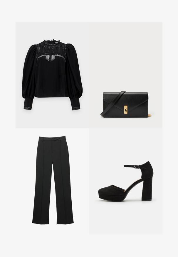 Schwarze Bluse mit hohem Spitzenkragen, gefaltetem Vorderteil und puffigen Ärmeln. Spitzenakzente am Ausschnitt und an den Bündchen verleihen zusätzliches Detail. Glatte Textur.; Schwarze hochtaillierte weit geschnittene Hosen mit Gürtelschlaufen und einer vorderen Nahtdetails, auf einem weißen Hintergrund präsentiert.; Schwarze Wildleder-Plattformabsätze mit einem dicken Blockabsatz, runder Zehenpartie und einem Knöchelriemen, der mit einer Metallschnalle gesichert ist. Glatte Oberfläche über das gesamte Schuhwerk.; Schwarze Leder-Geldbörse mit Klappverschluss, goldfarbener Hardware und Logo-Akzent. Inklusive abnehmbarem Trageriemen.