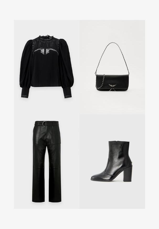 Must mustriga, kõrge pitsist krae, volditud esiosa ja puffiga varrukad. Krae ja paelade aktsendid lisavad detaile. Sile tekstuur.; Kõrge vöökoht, mustad nahkpüksid laia säärega, suured esi-taskud ja sobiv vöö kahekordse rõngaga kinnitusega.; Must kõvale nahast pahklipsu saapad, millel on sile tekstuur, terav varvas ja paks kõrge kann. Omab külgavatust ja minimalistlikku disaini.; Mustvalge nahk käekott hõbedase ahelsanga ja dekoratiivsete tiivaaktsentidega, samuti valgete õmblustega alumises ühenduses.