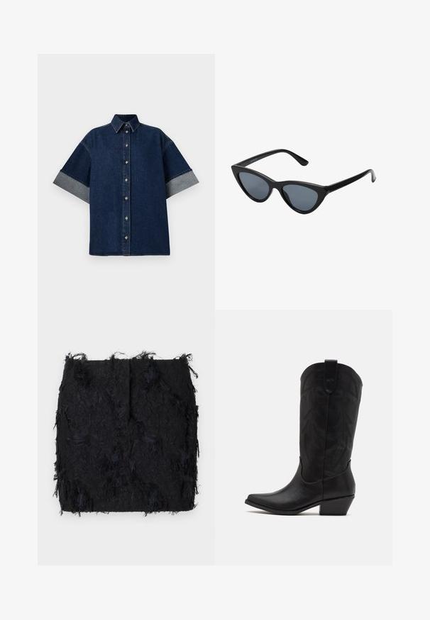 Dunkelblauses Denim-Hemd mit kurzen, umgeschlagenen Ärmeln aus einem helleren Denim. Verfügt über einen klassischen Kragen und Vorderknöpfe. Weiche Textur, lässiges Design.; Schwarzer Textrock mit einer geschichteten Fransen-Optik und einem leicht unregelmäßigen Saum, gefertigt aus einem leichten Stoff.; Schwarze Leder-Cowboystiefel mit spitzer Zehenform, niedrigem, gestapeltem Absatz und kunstvollem, geprägtem Blattmuster am Schaft. Schleife am oberen Ende für einfaches Anziehen.; Schwarze Cat-Eye-Sonnenbrille mit dunkelgrauen Gläsern, schlankem Kunststoffrahmen, spitzen Ecken und geraden Bügeln. Keine sichtbaren Befestigungen oder Akzente.; Burgunderfarbene Lederhandtasche mit geschwungener Form, goldenen Akzenten an den Beschlägen und einem Reißverschlussverschluss. Verfügt über einen abnehmbaren Schultergurt.
