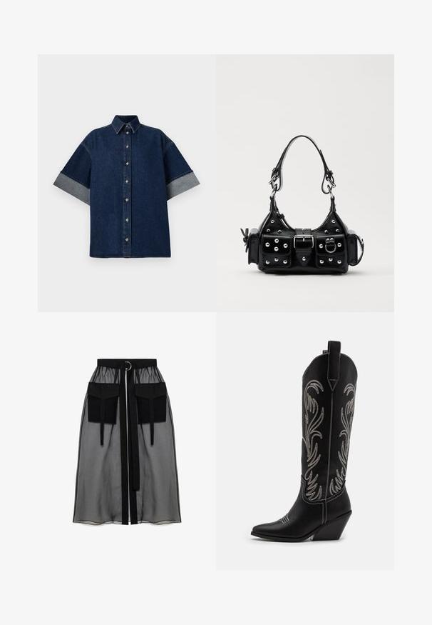 Tamna traper košulja s kratkim, podignutim rukavima od svjetlijeg trapera. Ima klasičnu ovratnik i prednje gumbe. Glatka tekstura, ležeran dizajn.; Crna prozirna suknja s nabranim pojasom, koja ima dva velika prednja džepa, remen oko struka i okrugli metalni detalj.; Crne kožne kauboj čizme s šiljastim prstima, klinastim potpeticama i srebrnim izvezenim cvjetnim uzorcima duž osovine. Kontrastni šavovi posvuda.; Crna kožna torba s zakrivljenim dizajnom, koja sadrži srebrne zakovice, kopču i dva bočna džepa. Podesiva traka za različite opcije nošenja.