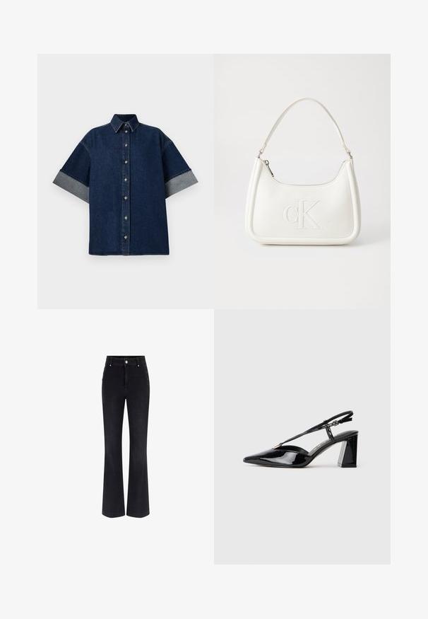 Camicia in denim scuro con maniche corte arrotolate in denim più chiaro. Presenta un colletto classico e bottoni frontali. Texture liscia e design casual.; Jeans a zampa d'elefante in denim nero con vita alta, design a cinque tasche e dettagli metallici sui lati. Tessuto morbido e vestibilità classica.; Scarpe con tacco alto in vernice nera, con punta appuntita, cinturino regolabile e tacco rettangolare chunky.; Borsa a tracolla in pelle bianca con forma curva, dotata di un logo "CK" impresso sul davanti e una singola tracolla. Chiusura a zip nella parte superiore.