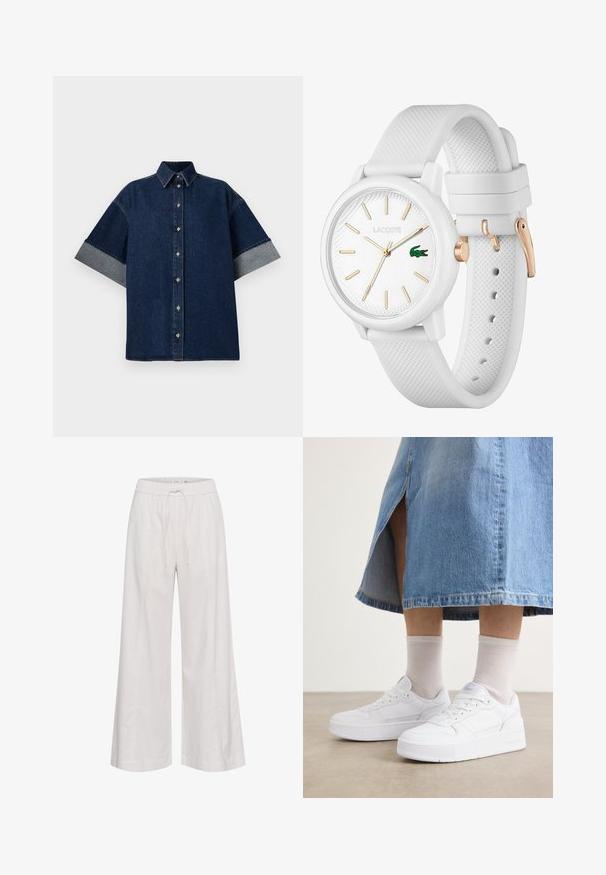 Tumman denimin paita, jossa on lyhyet, käärityt hihat vaaleammasta denimestä. Klassinen kaulus ja napitus edessä. Liukas pinta, rento muotoilu.; Peehkarit leveät housut pehmeästä valkoisesta kankaasta, joissa on joustava vyötärö, naru ja sileä pinta ilman lisäkoristeita.; Valkoiset tennarit, joissa on teksturoitu nahka, erikoisuutena korkea pohja, pyöreä kärki ja nauhoitusjärjestelmä; yhdistetty vaaleanharmaisiin perussukkiin ja farkkuhameeseen.; Valkoinen silikoni kellossa, jossa on teksturoitu hihna, pyöreä kellotaulu, kultaiset merkit ja vihreä Lacoste-logo.