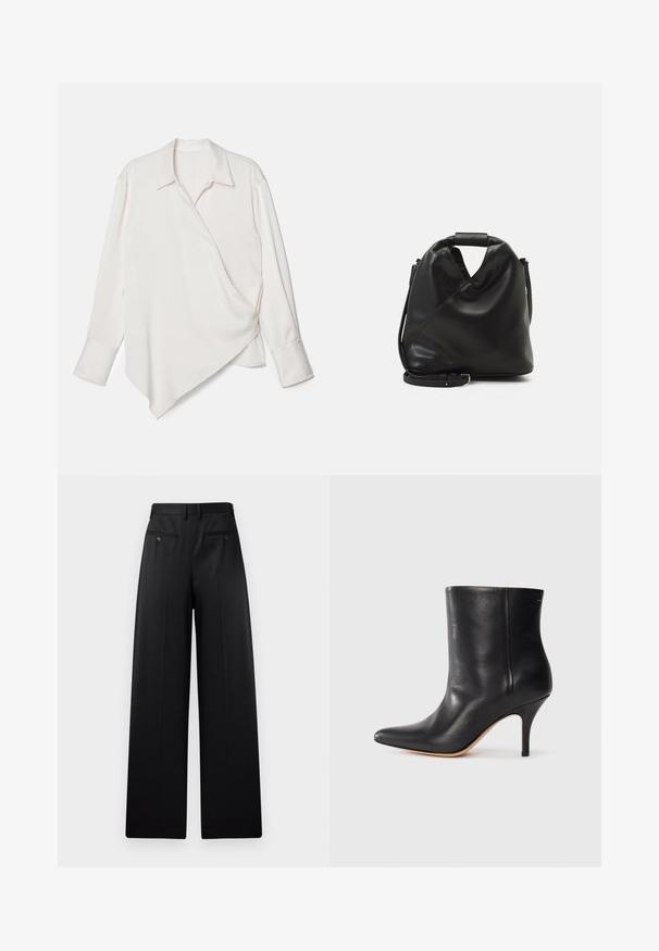 Balta ilgomis rankovėmis apvyniojama palaidinė su smailiu kraštu, pagaminta iš lygaus audinio, turinti klasikinį apykaklę ir pasagomis užsegamas rankoves.; Juodi plačiais klešniais kelnių, su lygia priekiu, dviem užpakalinėmis kišenėmis su mygtukais ir lygaus paviršiaus. Pristatytas dizainas su tiesia iškirpte.; Juodos odinės kulkšninių botų su smailiu nosiu, siauru stiletto kulnu ir lygia tekstūra. Minimalistinis dizainas, be matomų aparatūros ar akcentų.; Juodas, minkštas odinis krepšys su unikaliu išsuktiniu dizainu. Yra trumpas rankenas ir nuimamas peties diržas. Minimalistinis stilius.