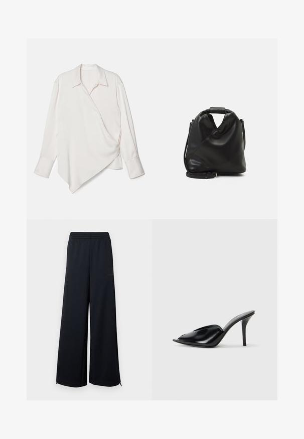 Fehér, hosszú ujjas, csomagolós ing, hegyes aljjal, sima anyagból készült, klasszikus gallérral és mandzsettás ujjal.; Fekete, széles szárú hálós nadrág, rugalmas derékrésszel és kis cipzáras részletekkel az alján, fehér háttér előtt bemutatva.; Fekete bőr, nyitott orrú, hegyes kialakítású, sima textúrájú, és karcsú tűsarokkal rendelkező magassarkú mules.; Fekete, puha bőr táska egyedi csavaros dizájnnal. Rövid fogantyúval és levehető vállpánttal rendelkezik. Minimalista stílusú.