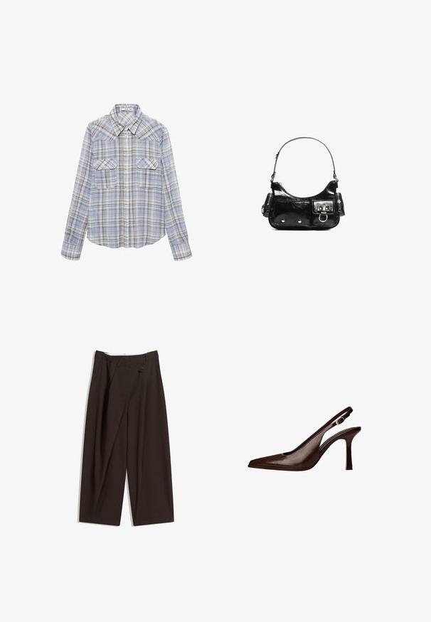 Lyseblå ternet skjorte lavet af letvægtigt stof, med krave, to brystlommer, lange ærmer og knaplukning.; Mørkebrune brede bukser med høj talje, udstyret med en enkelt knaplukning og en plisseret front. Lavet af letvægtsstof.; Brune læder slingback pumper med spids tå og en tynd hæl. Har en lille accentspænde på remmen og en blank finish.; Sort patenteret læder håndtaske med en buet form, en skulderrem, frontlommer og hardware accenter i sølvfarve.