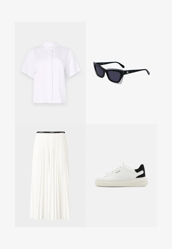 Rövid ujjú, sima anyagból készült fehér ing, hegyes gallérral és zöld díszgombbal ellátott gombolással.; Plisszírozott fehér szoknya fekete elasztikus derékkal, amelyen a "LACOSTE" logó található. Középhosszú kialakítás, puha tapintással.; Fehér bőr sportcipők vastag fehér talppal, fekete velúr sarokpikkelyel és dombornyomott logóval az oldalon. Fűzős kialakítás, hat fűzőlyukkal.; Fekete, nagyméretű napszemüveg geometrikus formával, sötét lencsékkel és kontrasztos szürke részlettel a kereten. Logó a szárán.