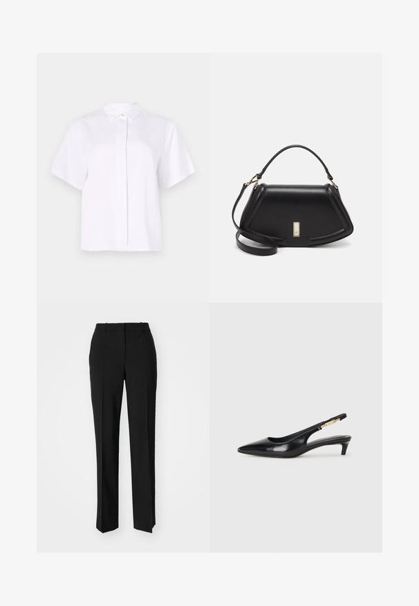 Short-sleeved white shirt made from smooth fabric, featuring a pointed collar and a button placket with a green accent button.; Black tailored trousers with a straight-leg design, featuring a smooth texture and crisp creases along the front. No visible hardware.; Black leather slingback heels with a pointed toe, featuring a slim heel and a gold-tone accent on the adjustable strap. Smooth texture.; Black leather handbag with a structured design, featuring a cropped shape, top handle, and gold hardware accent. Adjustable shoulder strap included.